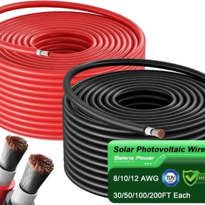 Bateria Power Solar Panel Wire 50Ft Black and 50Ft Red Kit, 10AWG (6mm²) Solar Panel Extension Cable PV Tinned Copper Wire for Outdoor Home Off-Grid Photovoltaic Systems Automotive RV Boat Marine