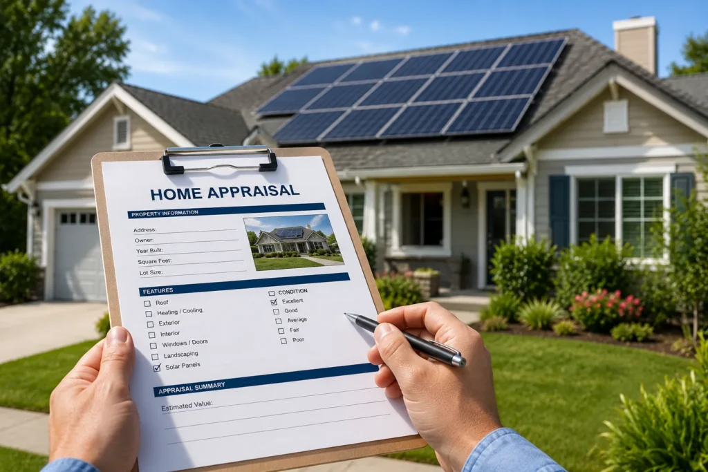 Does Solar Increase Property Value? 7 Facts Homeowners Should Know 2 Home appraisal clipboard with solar panels on a residential property